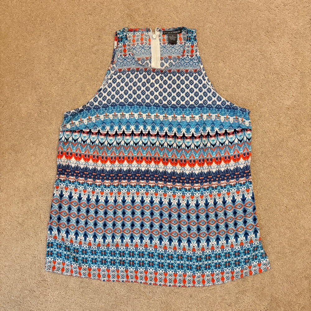 Chelsea Theodore Summer Sleeveless Top Size M Mixed Pattern Blue Orange Boho
